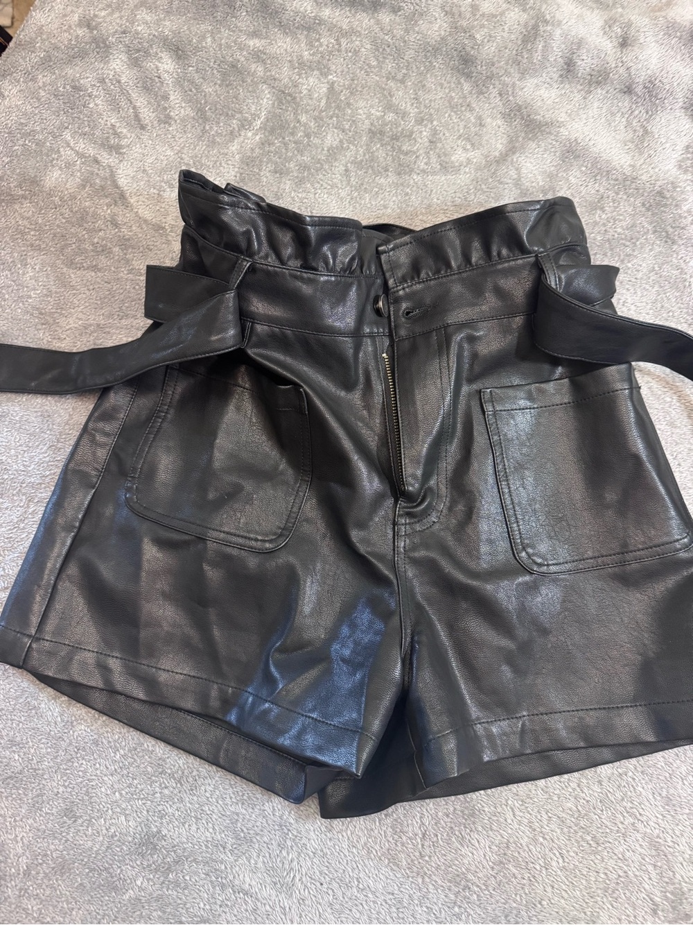 Alya Black High-Waist Faux Leather Paperbag Shorts with Belt